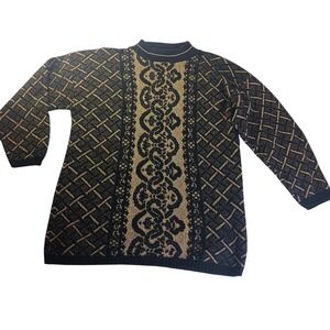 Dana Scott VTG Metallic Knit Sweater‎ Black Gold Patterned Mock Neck USA Made XL